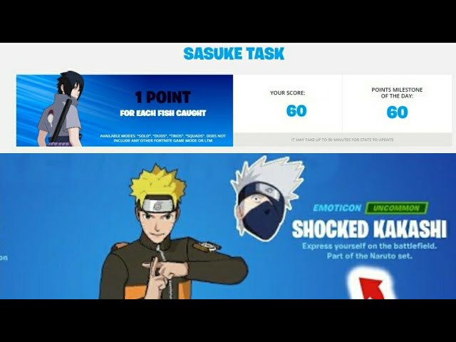 FNAssist on X: #Fortnite Naruto Nindo Challenges: Day 3 1 Fish Caught = 1  point (Solos, Duos, Trios, or Squads) 1 Point = Angry Sasuke emoticon 60  Points = Kurama Glider 
