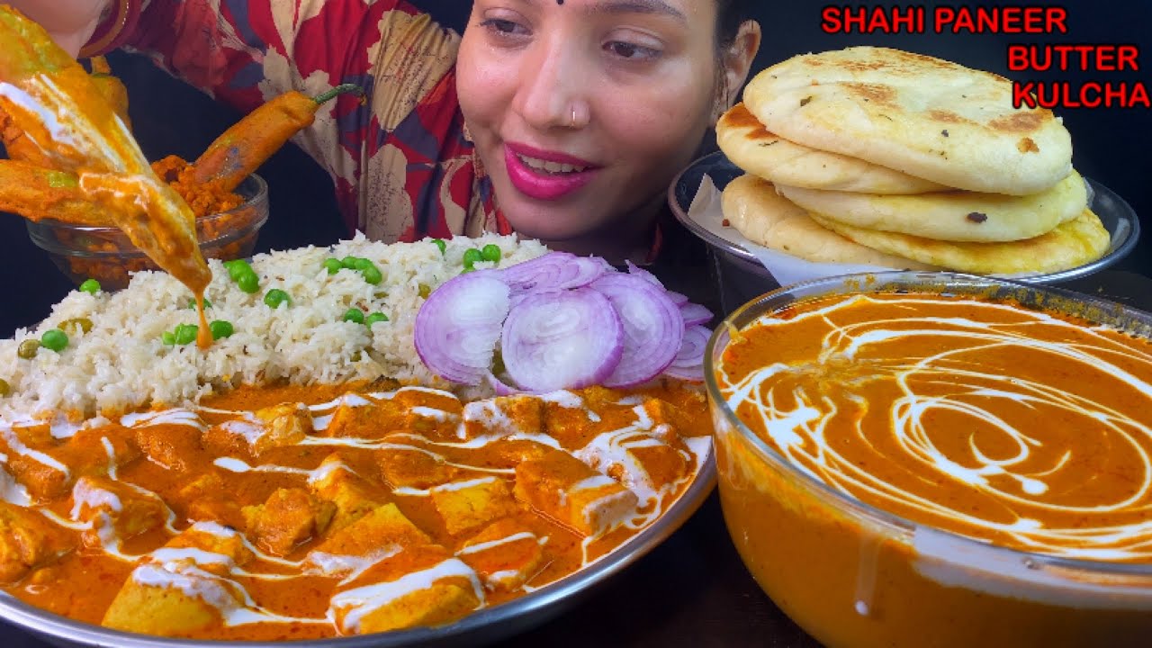 Eating Spicy🔥 Shahi Paneer, Matar Pulao, Mirchi Pakoda, Butter Kulcha | Indian Veg Food Eating Show