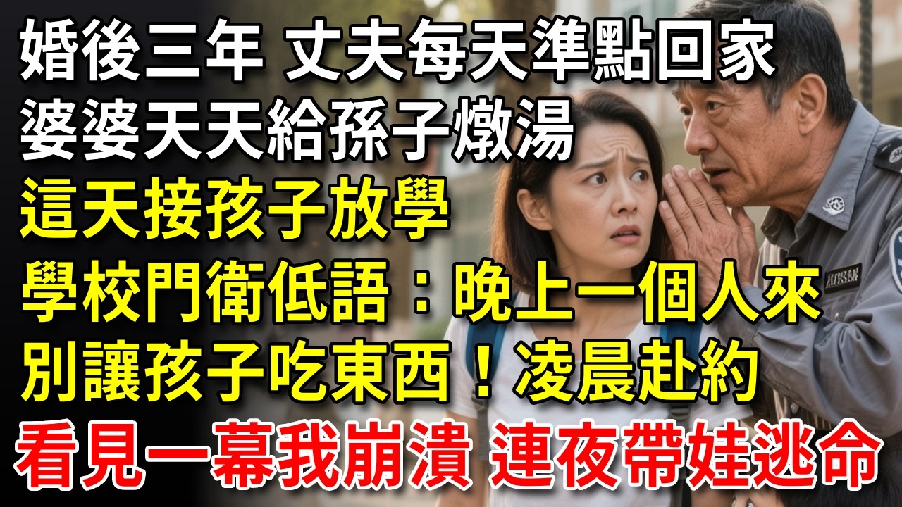 婚後三年，丈夫每天準點回家，婆婆天天給孫子燉湯，這天接孩子放學，門衛大爺低語：晚上一個人來，我給你看樣東西！凌晨赴約，看見一幕後我崩潰尖叫，連夜帶娃逃命#中老年生活#為人處世#生活經驗#情感故事