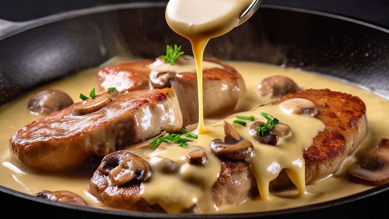 In nur 30 Minuten! Schweinefleischsteak in cremiger Knoblauchsauce mit Pilzen!