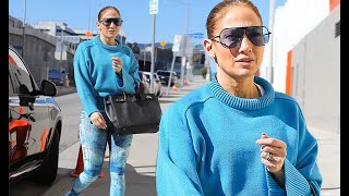 Jlo Arrives At A Dance Studio In La In Matching Blue Outfit