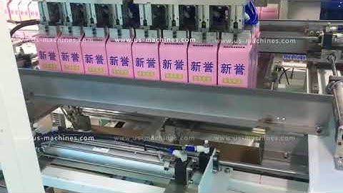 Brick shape milk bottle automatic robot hand feeding cartoning encasing line testing video