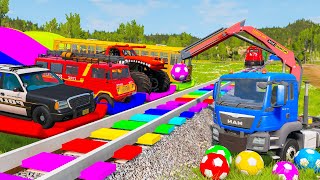 Double Flatbed Trailer Truck rescue Bus - Cars vs Stairs Colors - Cars vs Train