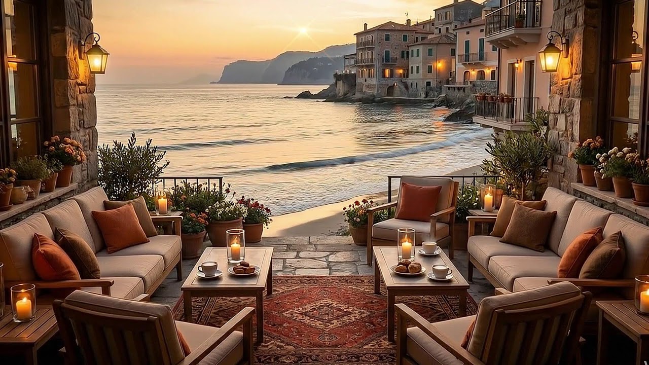 Cinematic Autumn Cafe Ambience | Sunset Seaside View for Deep Focus & Study