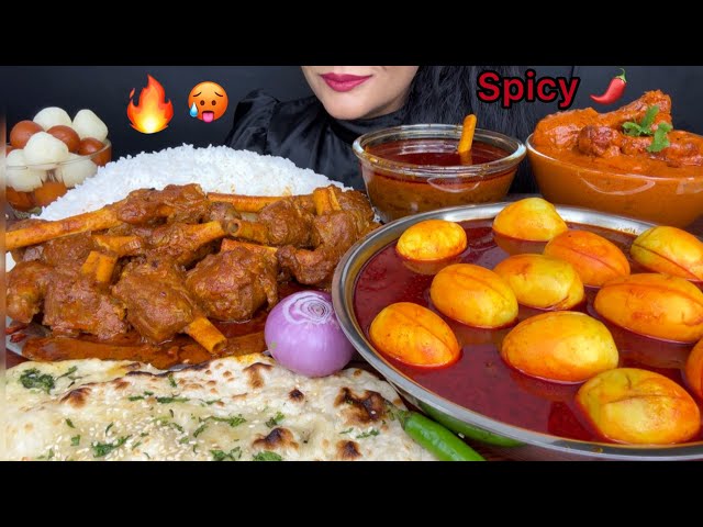 ASMR EATING SPICY MUTTON CURRY,DESI STYLE EGG CURRY,RICE,BUTTER CHICKEN,BUTTER NAAN