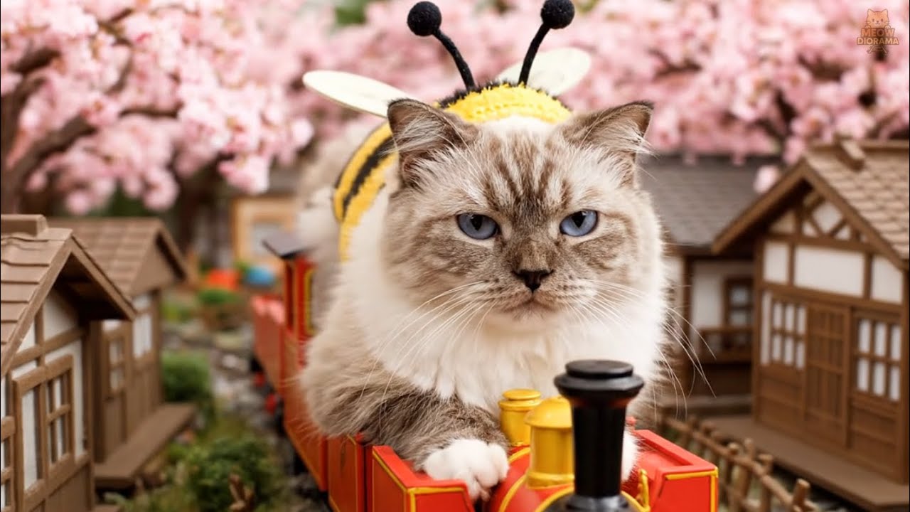 Funny Cat Watches Tiny Toy Train Pass Through Miniature Japanese Diorama Village 😺🚂✨