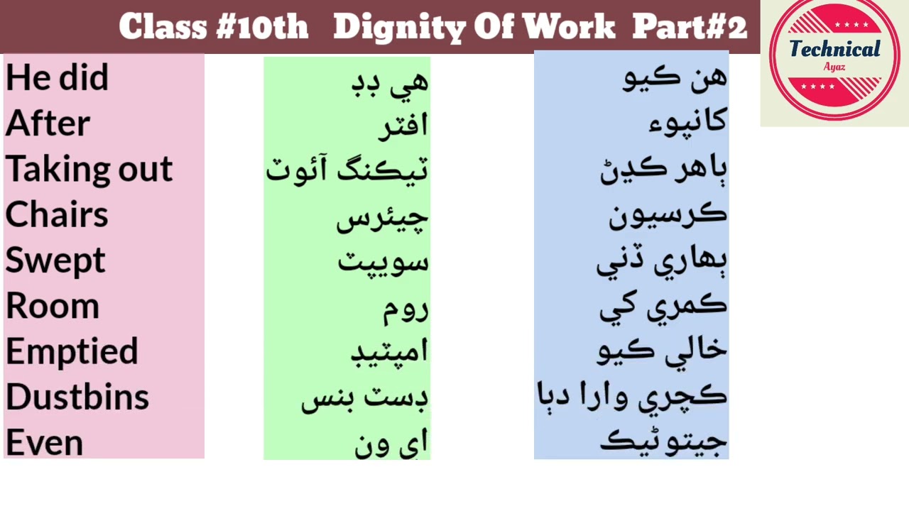 Dignity of Work, Word Meaning Part#2 Class 10th, English to Sindhi translation complete course.