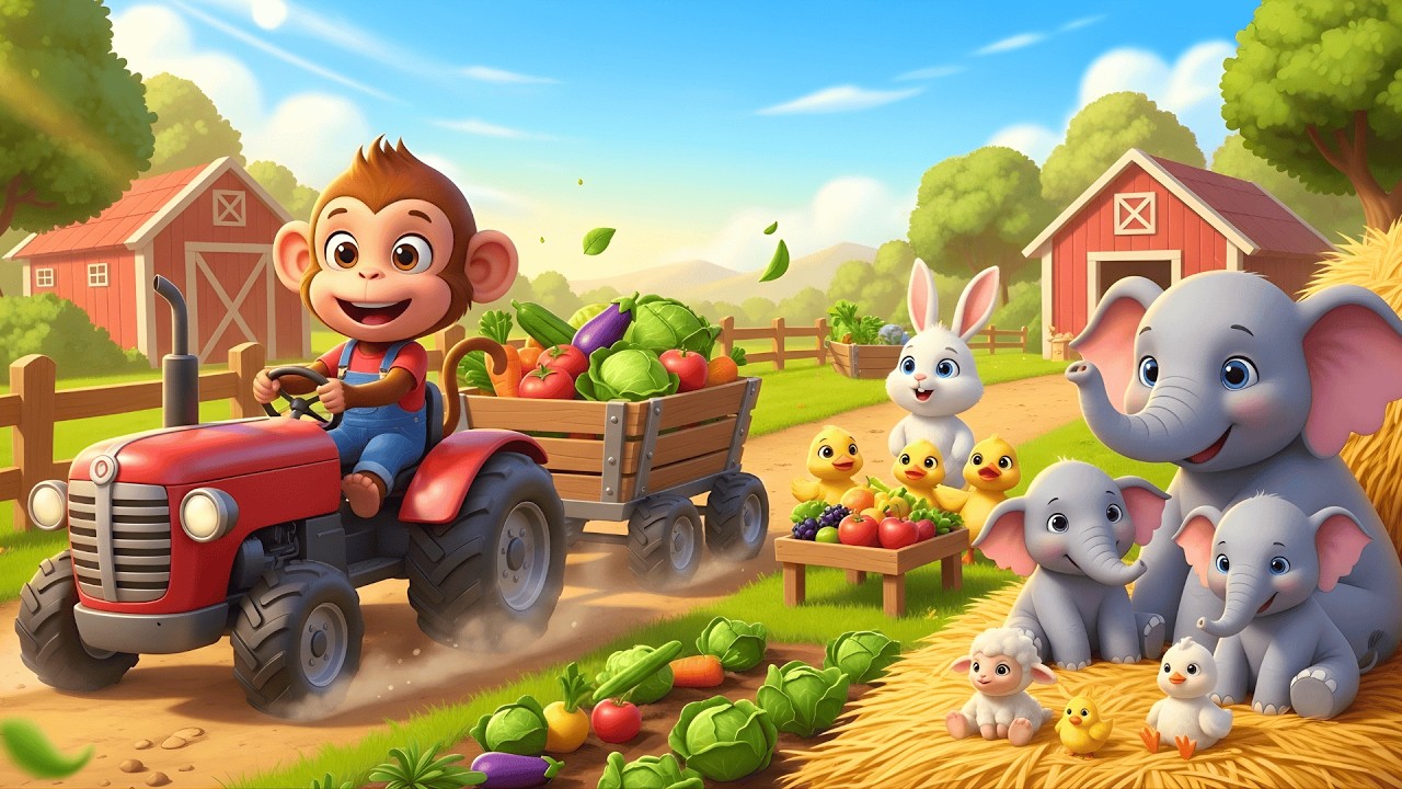 Cute Monkey Farm Adventure: Tractor Ride, Caring for & Playing on Happy Farm 🐒🚜 | Funny Farm Cartoon