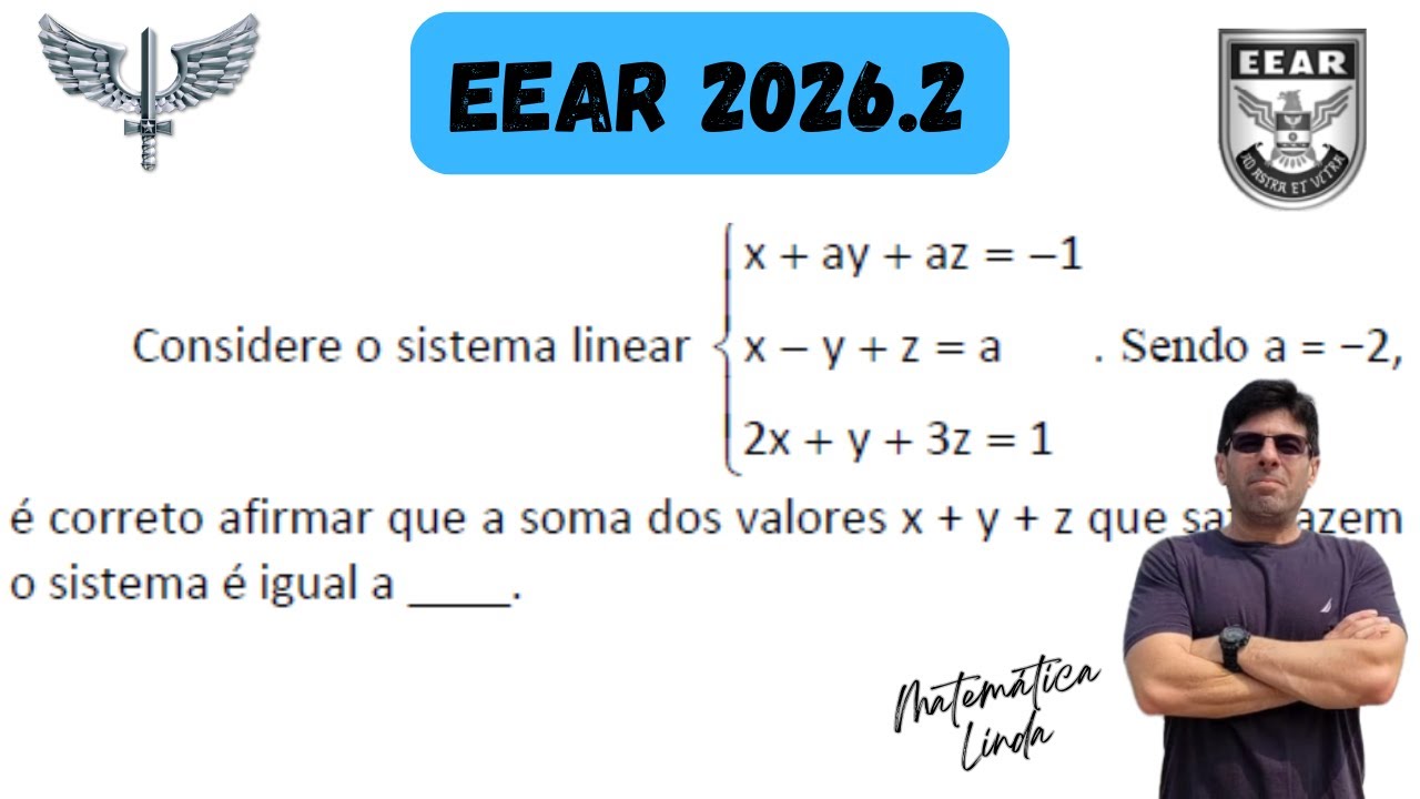 EEAR 2026.2  MELHOR SOLUÇÃO. Considere o sistema linear. Sendo a = −2,é correto afirmar que a soma d