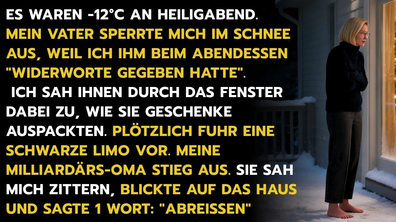 Heiligabend, 23:14 Uhr, minus zwölf Grad. Ich stand barfuß im Schnee vor dem Haus meines Vaters, während drinnen dreißig Gäste feierten. Meine Stiefmutter schnitt die Torte an, meine...