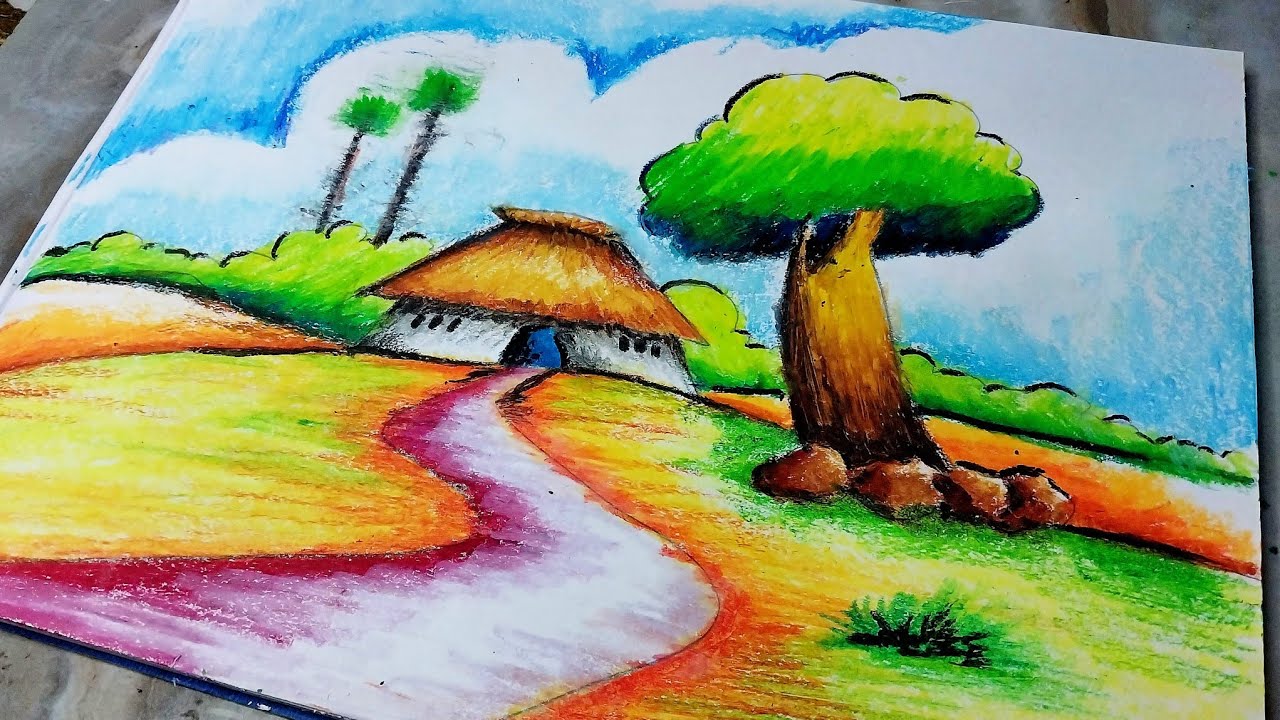 How to draw nature scenery oil pastel very easy - YouTube