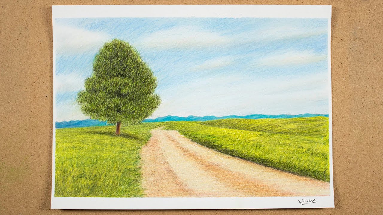 كيفية رسم المناظر الطبيعية الجميلة بالالوان الخشبية - رسومات واقعية