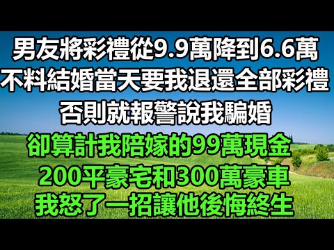 男友將彩禮從9.9萬降到6.6萬，不料結婚當天要我退還全部彩禮，否則就報警說我騙婚，卻算計我陪嫁的99萬現金，200平豪宅和300萬豪車，我怒了一招讓他後悔終生#风花雪月#阿丸老人堂 #深夜淺讀