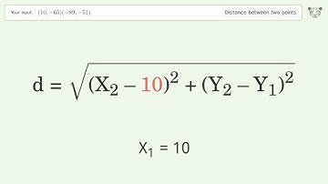 Find the distance between two points p1 (10,-65) and p2 (-89,-51): Step-by-Step Video Solution