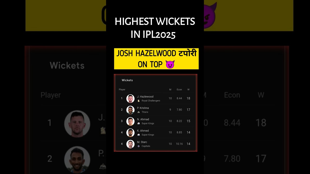 most Wickets ipl 2025 || purple cap HAZELWOOD || ipl 205 points table 