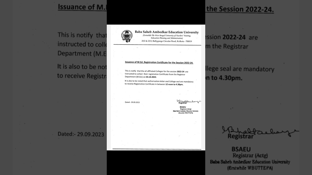 Issuance of M.Ed Registration Certificate For Session 2022-24 under BSAEU Wbtteupa