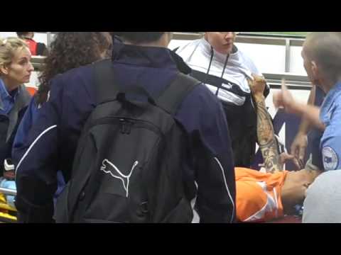 Sky Blue FC forward Natasha Kai in pain on a stretcher after a collision with Los Angeles Sol goalkeeper Karina LeBlanc at the Home Depot Center May 15, 2009. Match result: LA Sol 1 (marta) - Sky Blue FC 0