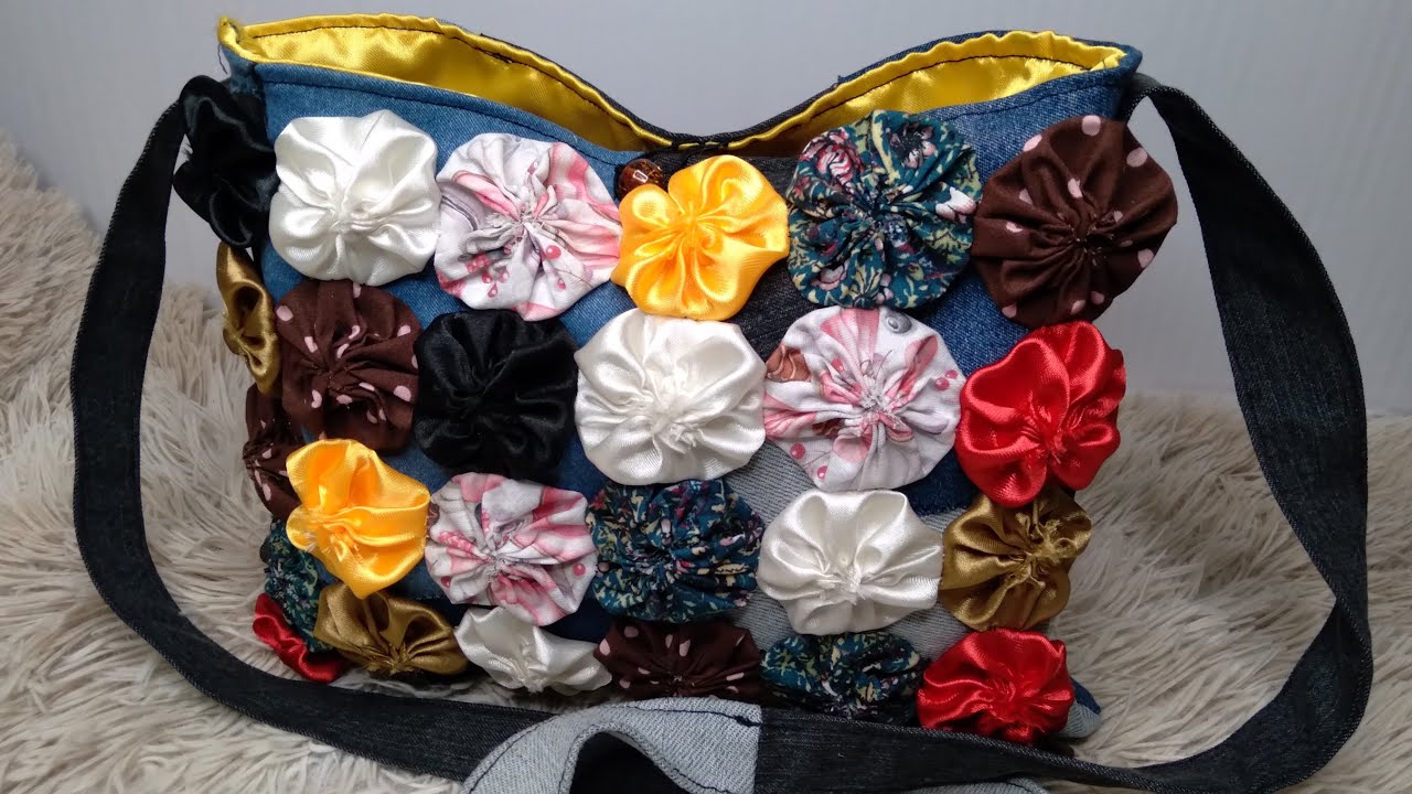 BOLSA DE RETALHOS DE JEANS COM FUXICO/O JEITO MAIS FÁCIL E RÁPIDO DE FAZER FUXICO