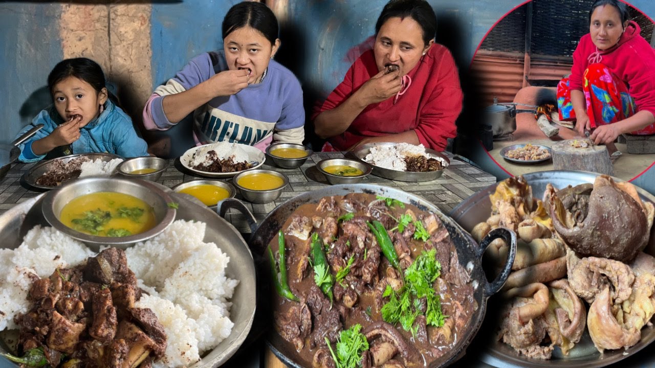 Traditional Village Style Cooking Pork Intestines Recipe Eating With lentils Rice Nepali Village 