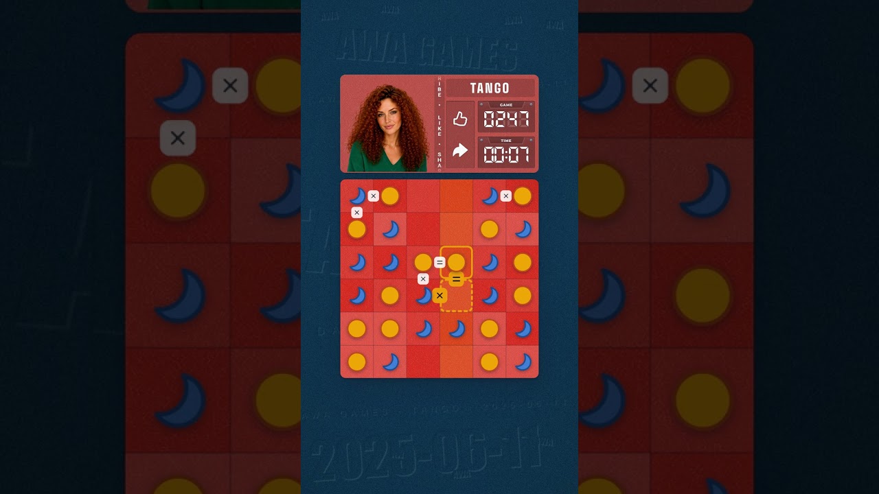 LinkedIn Tango #247 solved board for June 11, 2025, 6x6 grid
