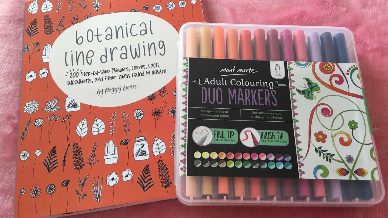 Review libro Botanical line drawing y rotuladores pincel Mont Marte Duo Markers para lettering free fonts