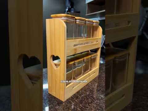 Bamboo Square Condiment Holder Spice Rack Shelf Spice Organizer 2 Tiers 8 Glass Jars Lid Countertop