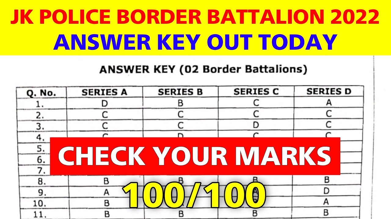JK Police Border Battalion Answer Key Out || JK Police Border Battalion Cut Off 2022