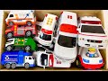 救急車、消防車、ゴミ収集車のおもちゃを集めてボタンを押してチェック！坂道を走らせておかたづけコンテナにおかたづけ♪