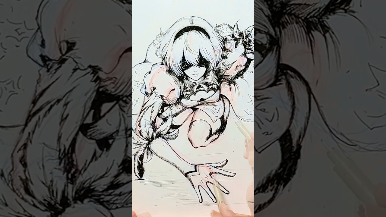 2B pencil and ink sketch and draw full process 