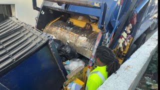 Waste Connections rear load garbage truck popping tons of bags in Miami (Pt 1)