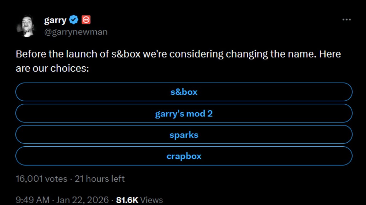 Гарри хочет изменить название S&box перед релизом.