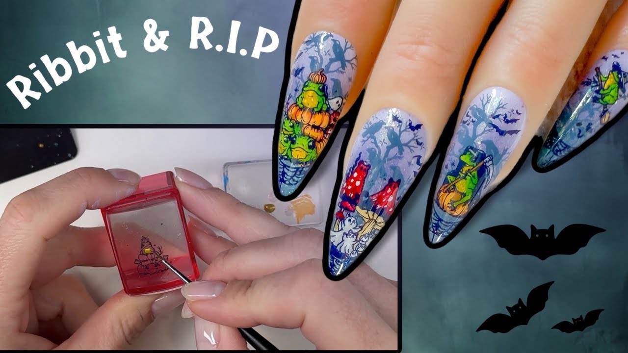 Многослойный маникюр с лягушками на Хэллоуин