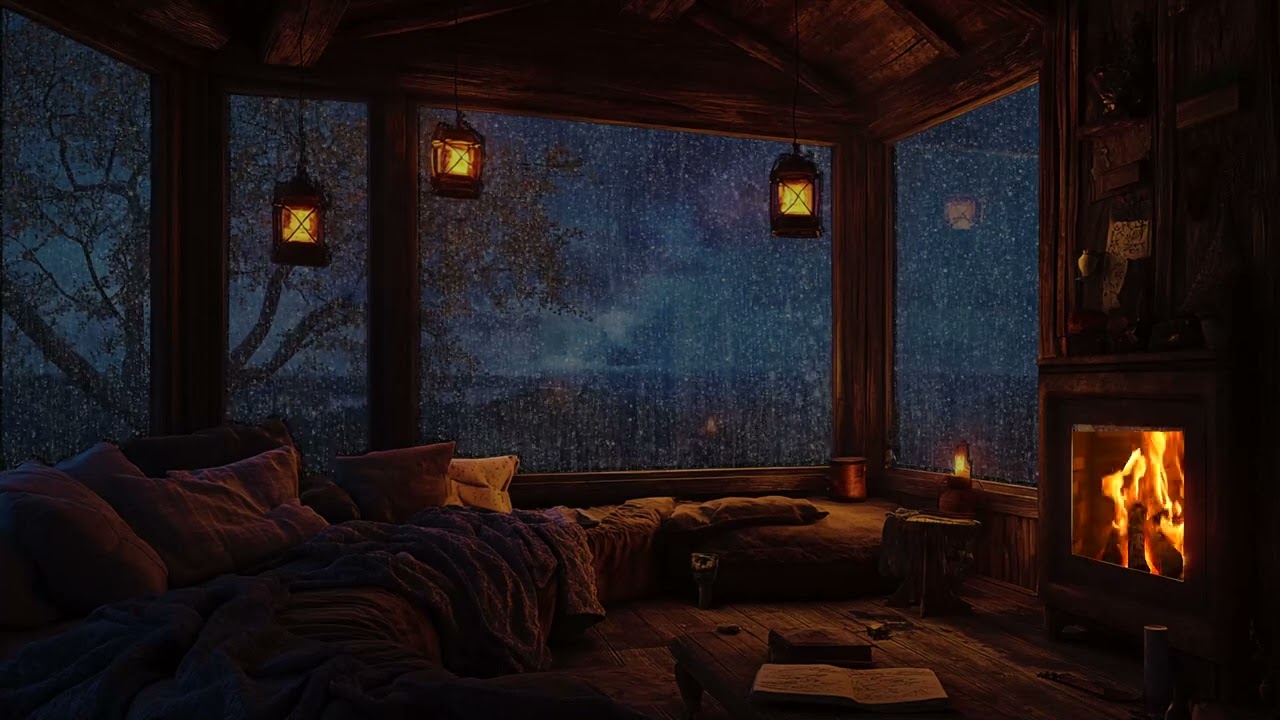 Drift Into Deep Sleep - Rain And Fireplace In A Cozy Blue Lodge (3H Relaxing Ambience)
