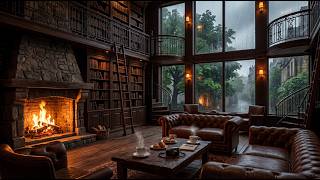 Vintage Library Cafe Ambience ☕ Relaxing Jazz Music with Fireplace & Rainy Street Vibes