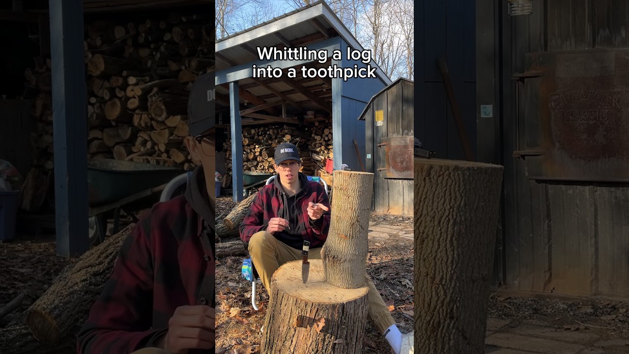 Whittling a log into a toothpick😭 #challengevideo #mrbeastchallange #wilderness #outdoors #knife