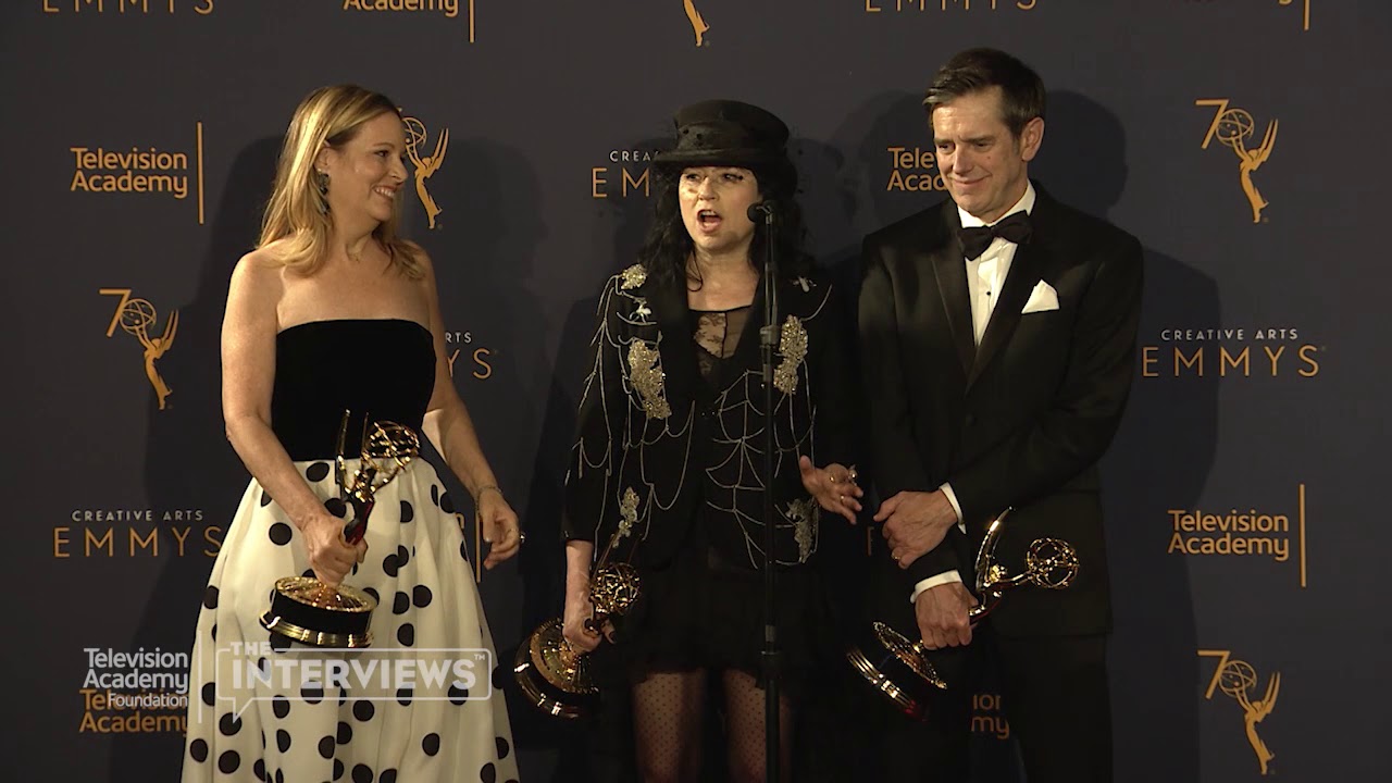 Amy Sherman-Palladino, Daniel Palladino, Robin Urdang in the 2018 Creative Arts Emmys Press Room