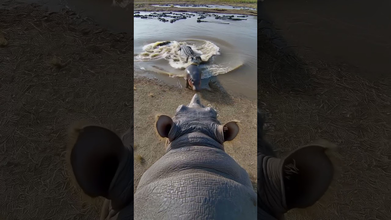 Rhino fought a river of alligators to save a baby hippo.