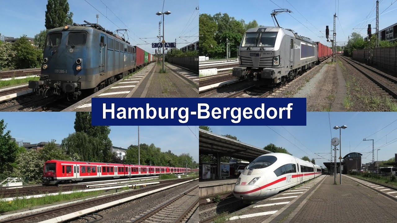 Bahnverkehr in Hamburg-Bergedorf mit Br139, Br146.3 + Dostos, ICEs, Güterzügen, Flixtrain und S-Bahn