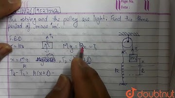 The string the spring and the puley shown in figure are light. Find the time period of the mass ...