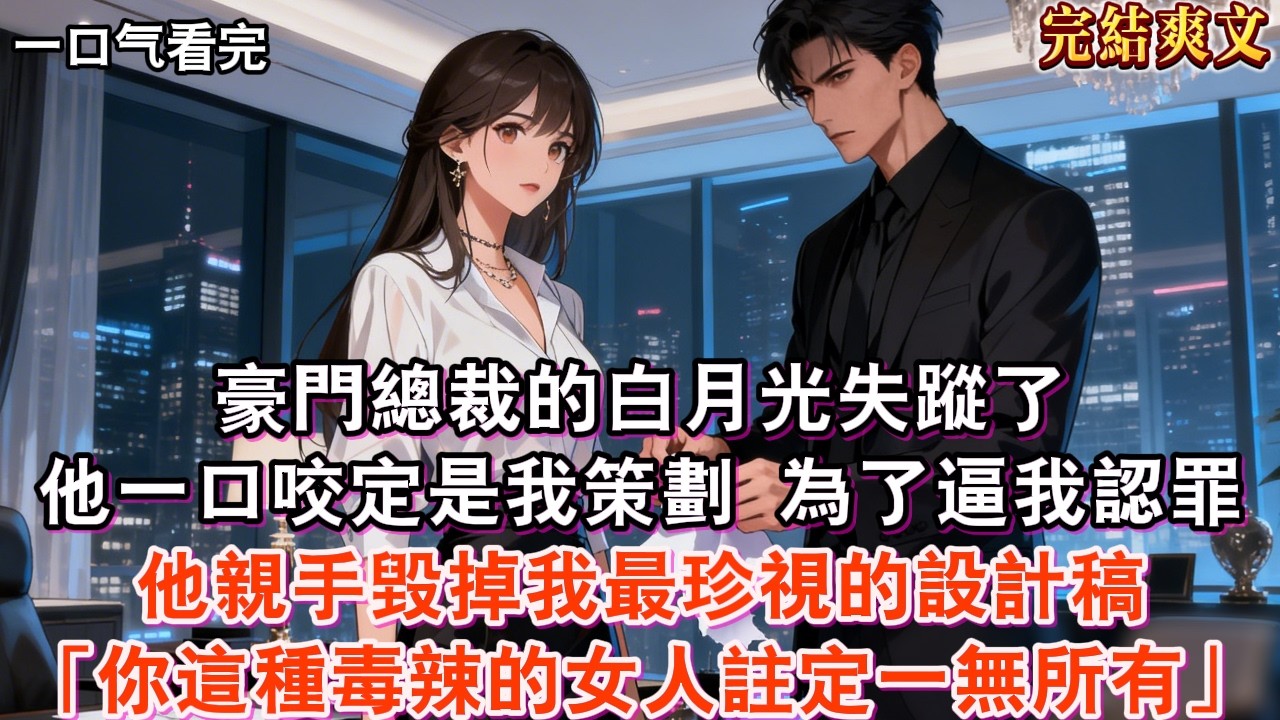 【完結】豪門總裁的白月光失蹤了，他一口咬定是我策劃。為了逼我認罪，他親手毀掉我最珍視的設計稿：「林晚，你這種陰狠毒辣的女人，註定一無所有。」