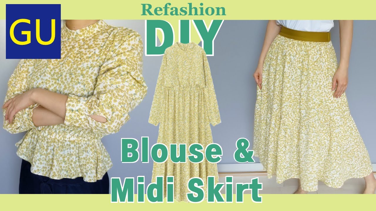 Refashion DIY Long Dress into Blouse＋Midi Skirt / GU ワンピース