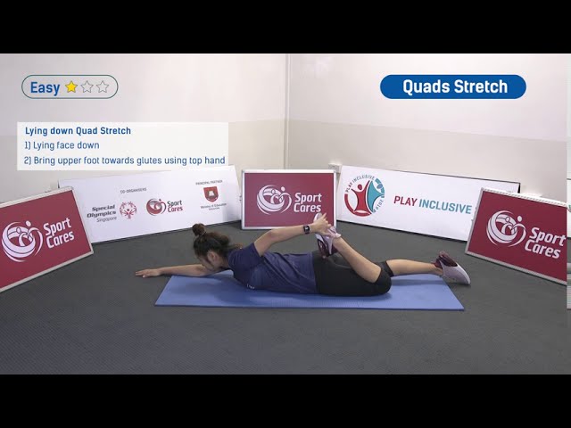 Thumbnail for This video demonstrates how to perform the quad stretch at 2 difficulty levels: Easy and Standard. A trainer guides you through each level, showing the correct posture, body positioning, and technique for each stage.