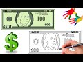 تعليم الرسم للمبتدئين كيفية رسم 100 دولار رسم الاموال رسم النقود How To Draw100 Dollar Bill 