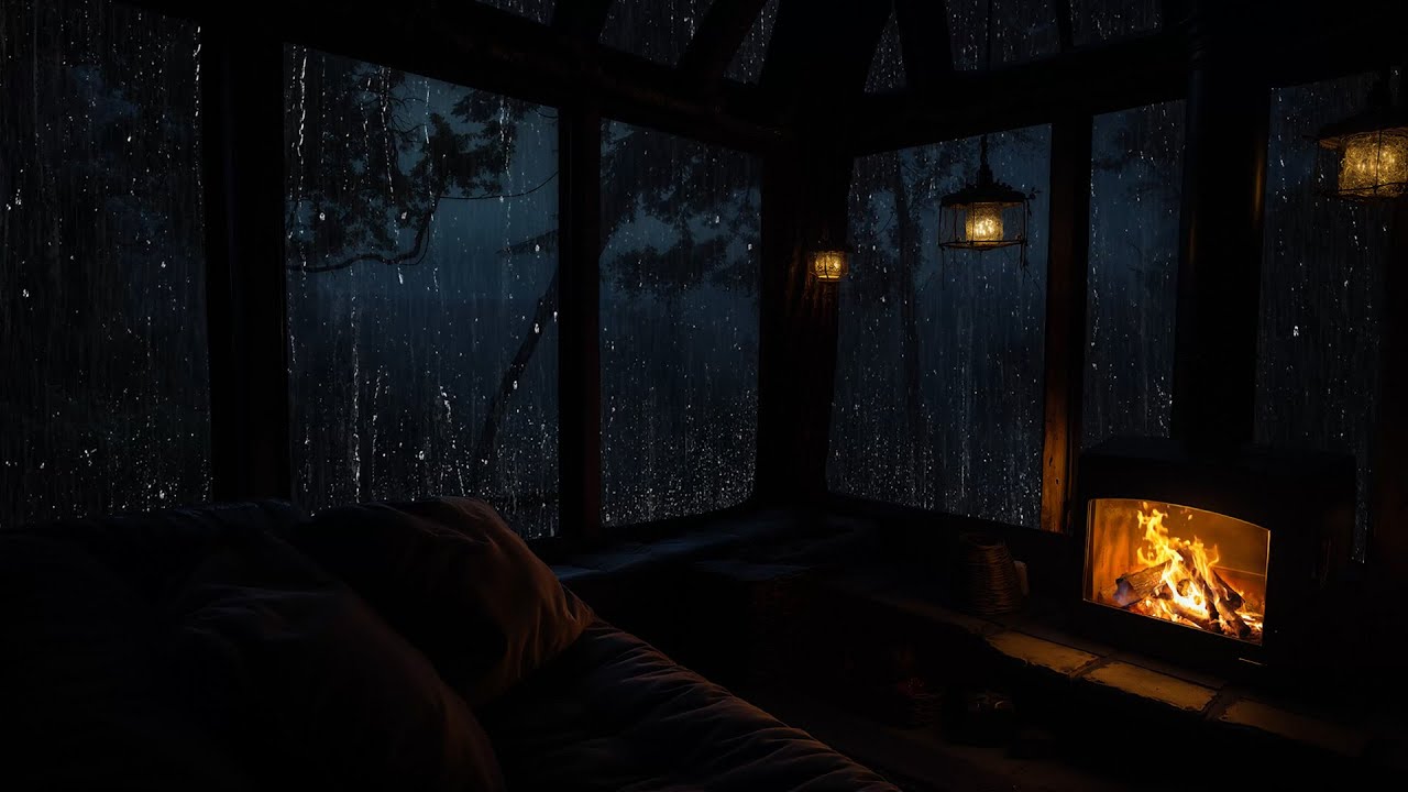 Warm Cabin at Night Rainstorm with Fireplace | Cozy Ambience for Sleep ...