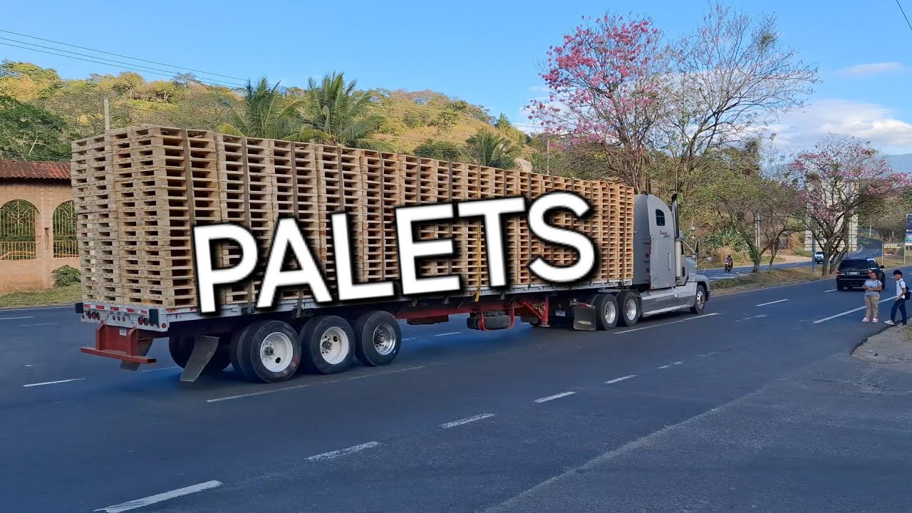 Camión cargado con muchos palets pasando sobre la panamericana. 