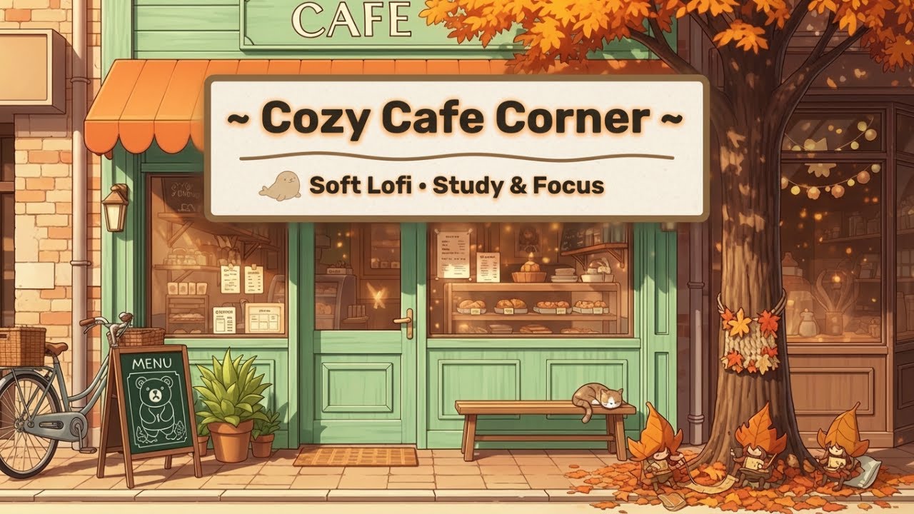 Gentle study ambience: bicycle, bench, pastry window, oak tree with leaves outside a cozy cafe #8