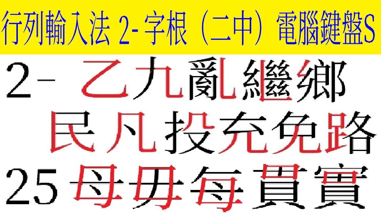 行列輸入法 2-（2中）字根 介紹及運用 （行列30 電腦鍵盤S） - YouTube