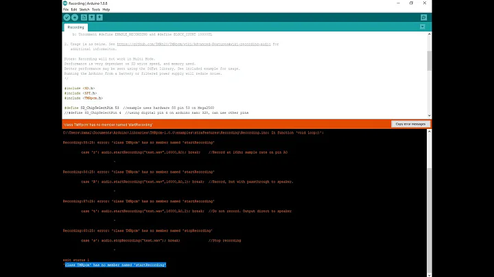 class TMRpcm' has no member named 'startRecording' error, arduino uno, nano and lower