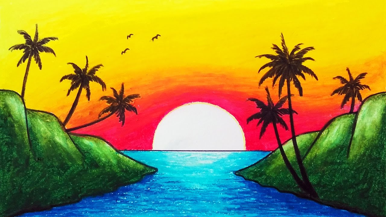Menggambar Pemandangan | Cara Menggambar Pemandangan Matahari Terbenam di Laut Dengan Oil Pastel