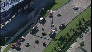Skytracker hovers above Children's Mercy Park where flag flies in honor of Det. Brad Lancaster